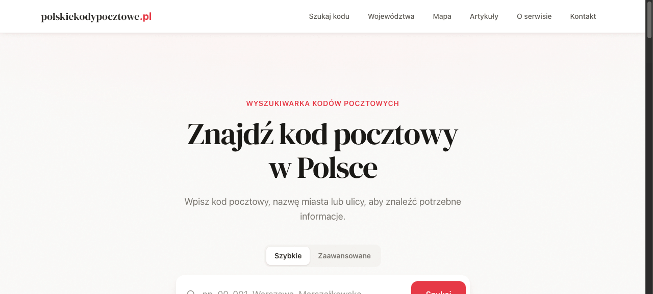 Wyszukiwarka kodów pocztowych na stronie głównej polskiekodypocztowe.pl z polem do wpisania miejscowości, ulicy lub kodu