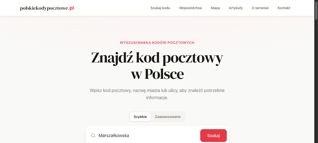 Lista podpowiedzi wyszukiwarki po wpisaniu nazwy ulicy Marszałkowska, z pasującymi ulicami i liczbą adresów