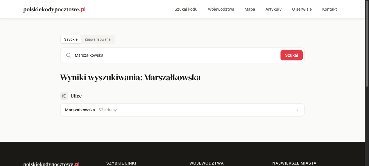 Strona wyników wyszukiwania dla ulicy Marszałkowska z listą kodów pocztowych i zakresami numerów domów
