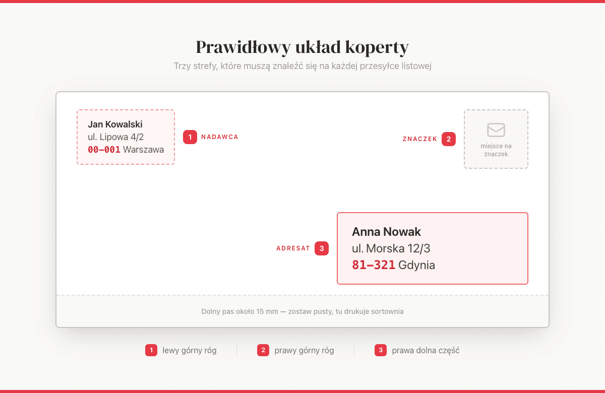 Prawidłowy układ koperty: dane nadawcy w lewym górnym rogu, znaczek w prawym górnym rogu, dane adresata w prawej dolnej części